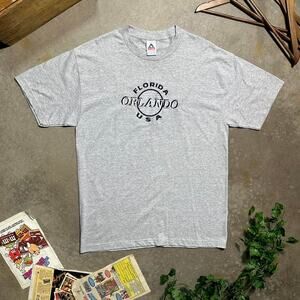 Vintage Y2K 2000s Orlando Florida USA Embroidered Tee Mens Large Gray Navy Shirt
